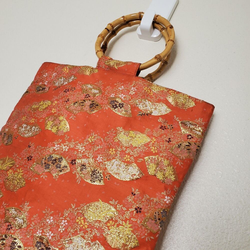Vintage Orange Brocade Bamboo Handle Bag Gold Metallic Fan Floral Tote Handbag - Picture 12 of 16